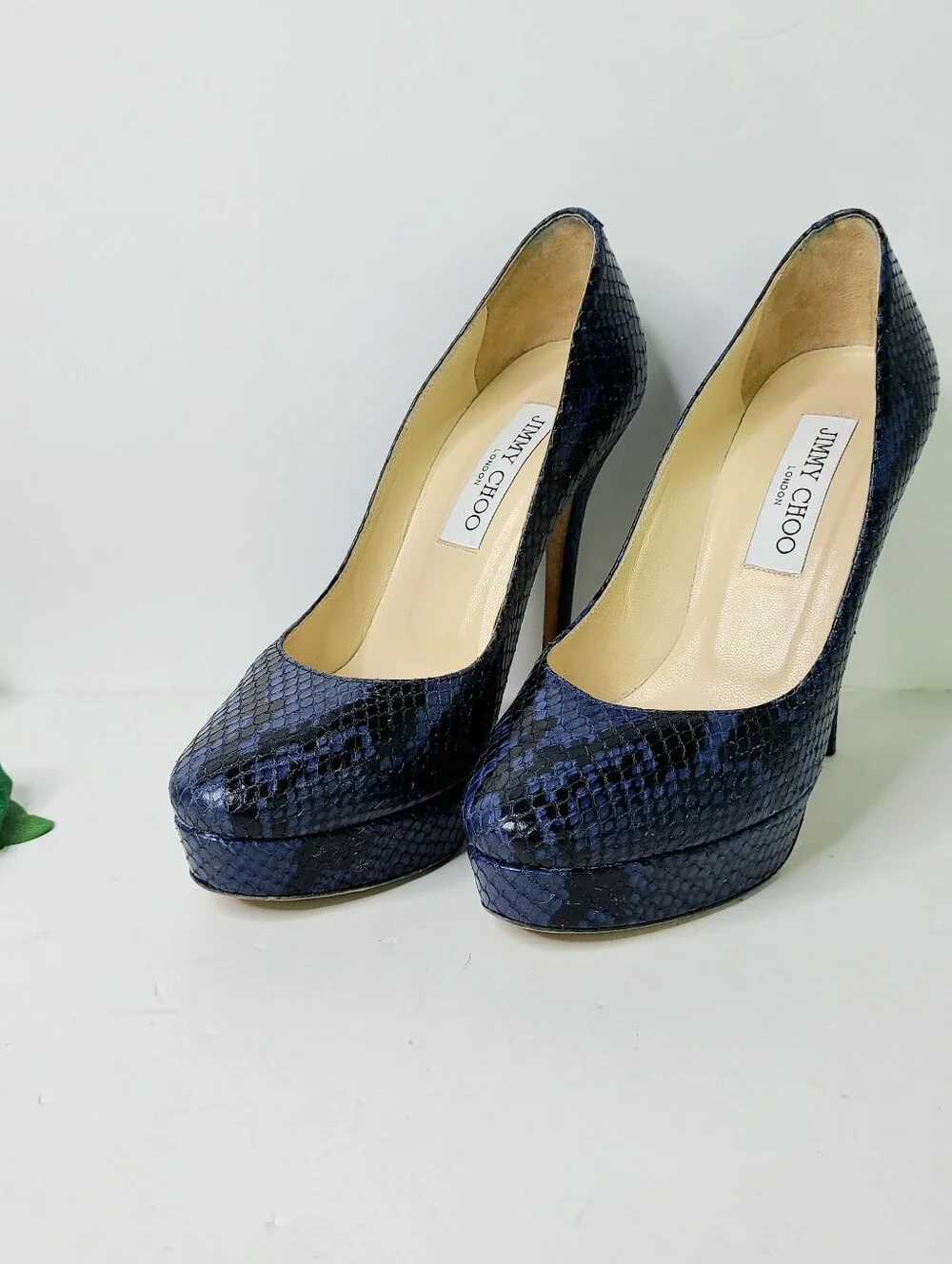 Jimmy Choo London Cosmic Navy Embossed Snakeskin Print Leather Platform Pumps